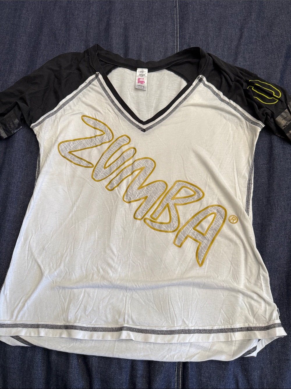 Zumba Fitness Gray Tee with Black Neck Trim and Pink Logo Tag